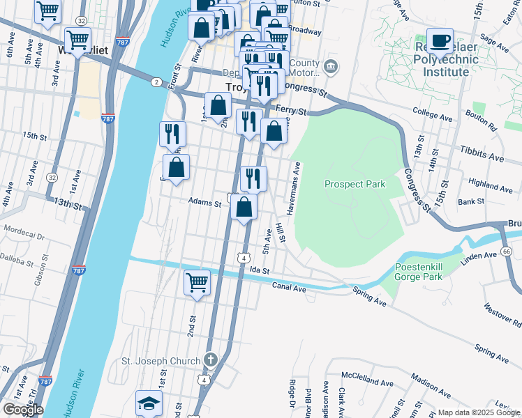 map of restaurants, bars, coffee shops, grocery stores, and more near 108 Adams Street in Troy