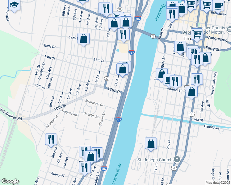map of restaurants, bars, coffee shops, grocery stores, and more near 1 Russell Place in Watervliet