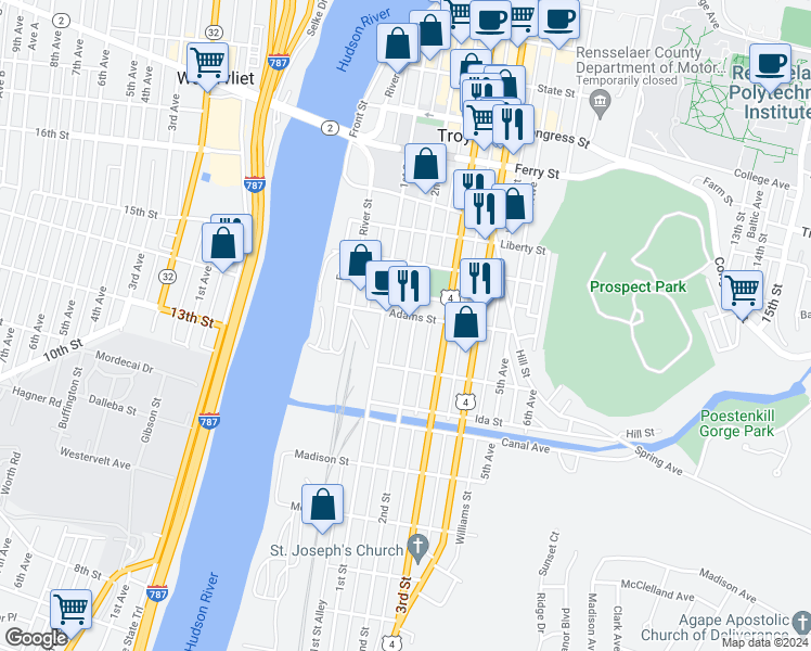 map of restaurants, bars, coffee shops, grocery stores, and more near 223-225 2nd Street in Troy
