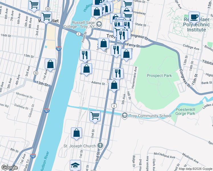 map of restaurants, bars, coffee shops, grocery stores, and more near 77 Adams Street in Troy