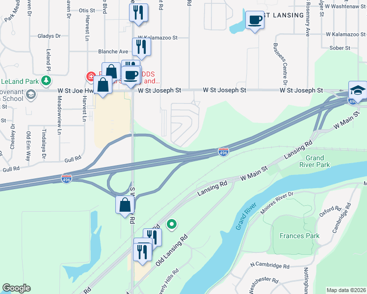 map of restaurants, bars, coffee shops, grocery stores, and more near 3533 Wayside Terrace in Lansing