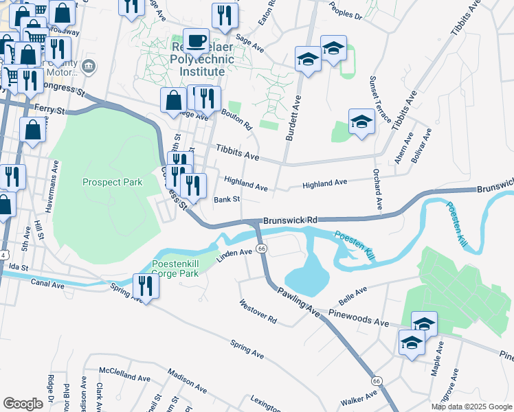 map of restaurants, bars, coffee shops, grocery stores, and more near 52 Bank Street in Troy