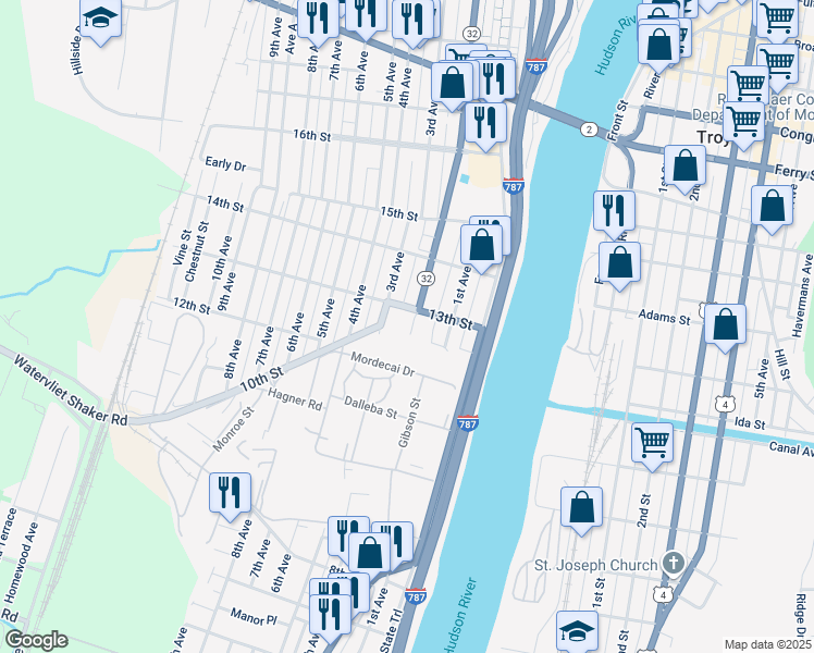 map of restaurants, bars, coffee shops, grocery stores, and more near 1287 2nd Avenue in Watervliet