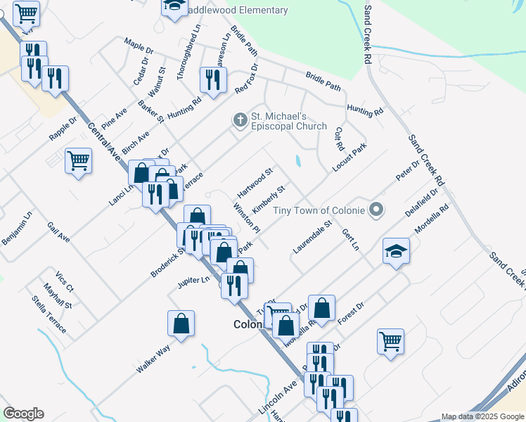 map of restaurants, bars, coffee shops, grocery stores, and more near 9 Kimberly Street in Colonie