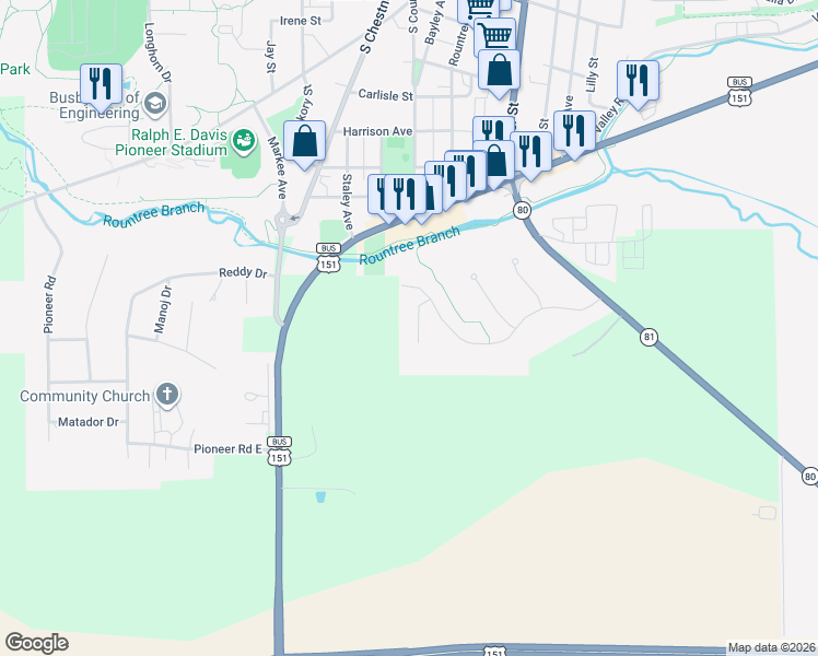map of restaurants, bars, coffee shops, grocery stores, and more near 1040 Oakhaven Court in Platteville