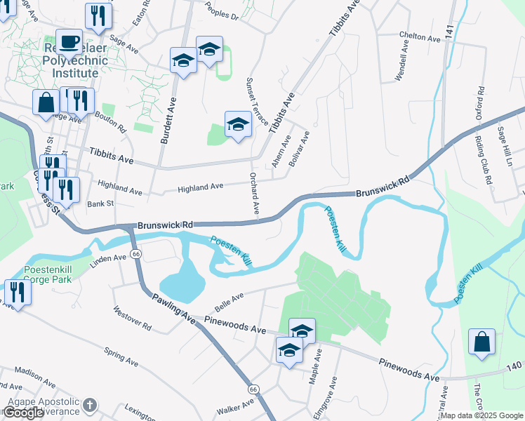 map of restaurants, bars, coffee shops, grocery stores, and more near 107 Orchard Avenue in Troy