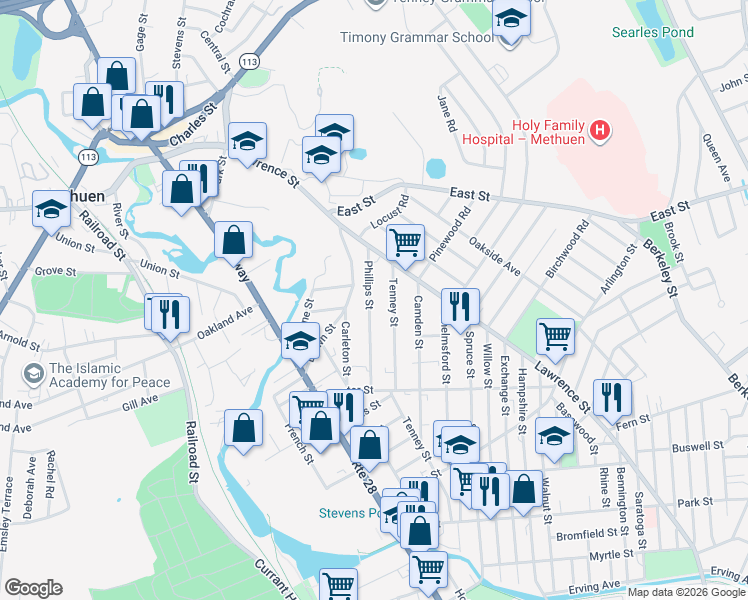map of restaurants, bars, coffee shops, grocery stores, and more near 157 Phillips Street in Methuen