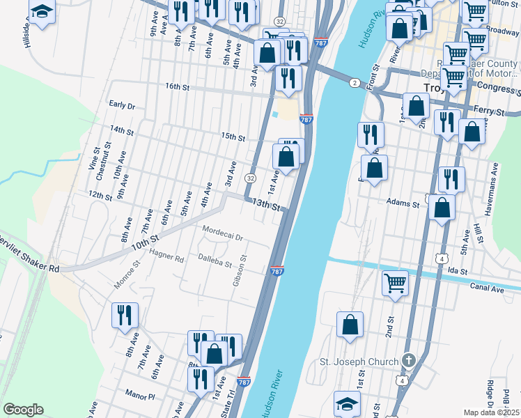 map of restaurants, bars, coffee shops, grocery stores, and more near 1 Russell Place in Watervliet