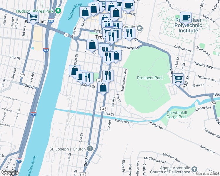 map of restaurants, bars, coffee shops, grocery stores, and more near 112 Adams Street in Troy
