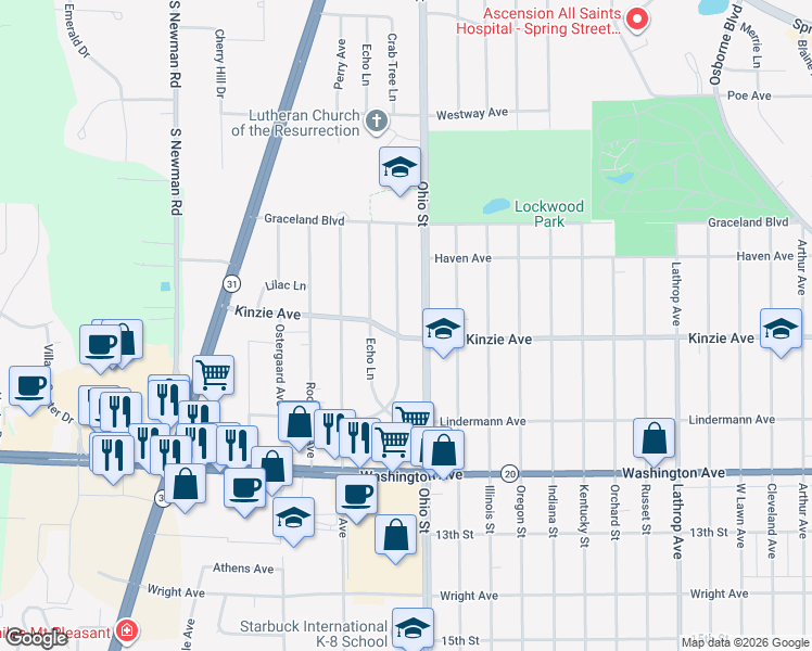 map of restaurants, bars, coffee shops, grocery stores, and more near 831 Crab Tree Lane in Racine