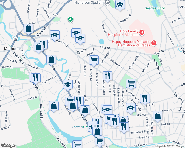 map of restaurants, bars, coffee shops, grocery stores, and more near 138 Camden Street in Methuen