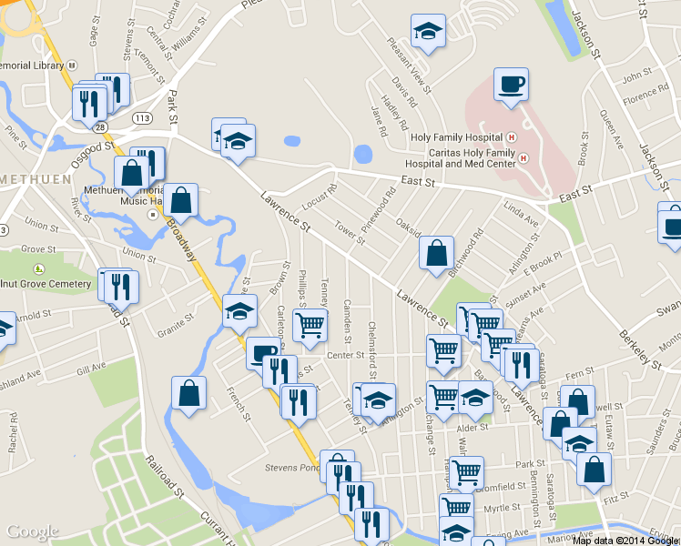 map of restaurants, bars, coffee shops, grocery stores, and more near 138 Camden Street in Methuen