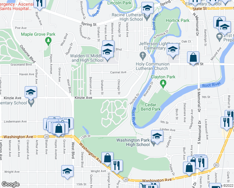 map of restaurants, bars, coffee shops, grocery stores, and more near 912 Chicago Street in Racine