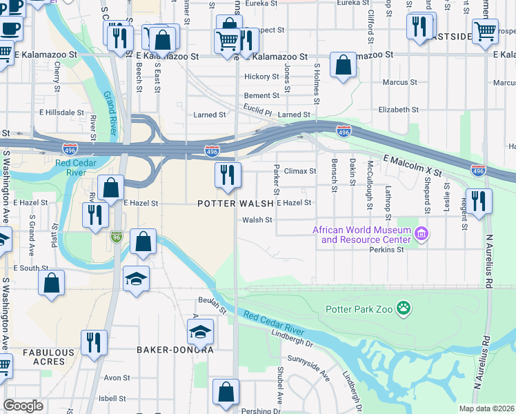 map of restaurants, bars, coffee shops, grocery stores, and more near 1022 East Hazel Street in Lansing