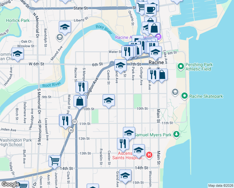 map of restaurants, bars, coffee shops, grocery stores, and more near Grand Ave & 9th St in Racine