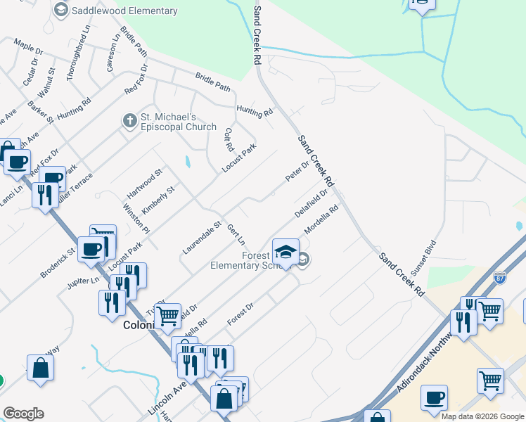 map of restaurants, bars, coffee shops, grocery stores, and more near 24 Peter Drive in Colonie