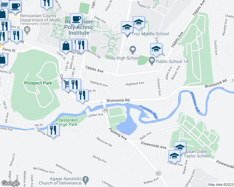 map of restaurants, bars, coffee shops, grocery stores, and more near 29 Brunswick Road in Troy