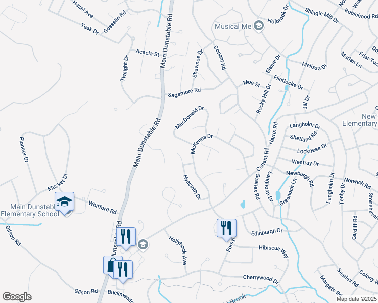 map of restaurants, bars, coffee shops, grocery stores, and more near 53 McKenna Drive in Nashua