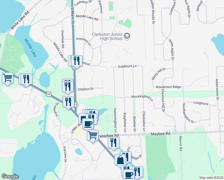 map of restaurants, bars, coffee shops, grocery stores, and more near 5841 Hummingbird Lane in Village of Clarkston