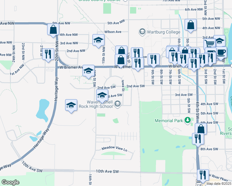 map of restaurants, bars, coffee shops, grocery stores, and more near 1304 3rd Avenue Southwest in Waverly