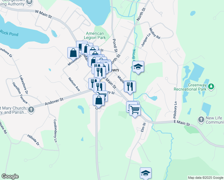 map of restaurants, bars, coffee shops, grocery stores, and more near 20 Library Street in Georgetown