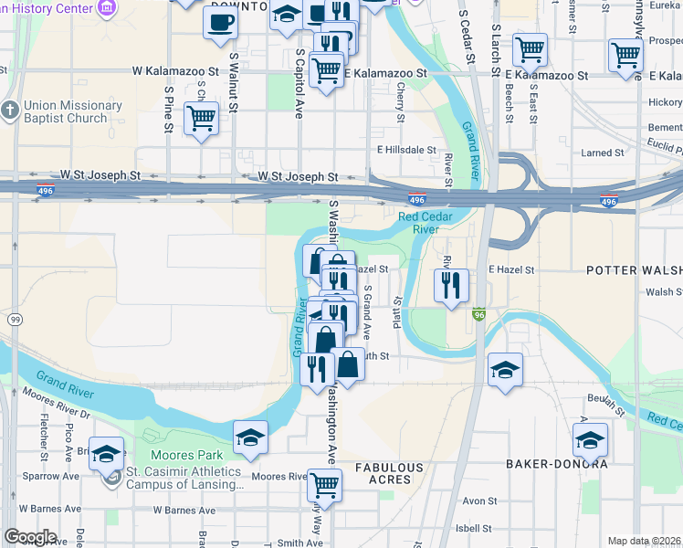 map of restaurants, bars, coffee shops, grocery stores, and more near 1003 South Washington Avenue in Lansing