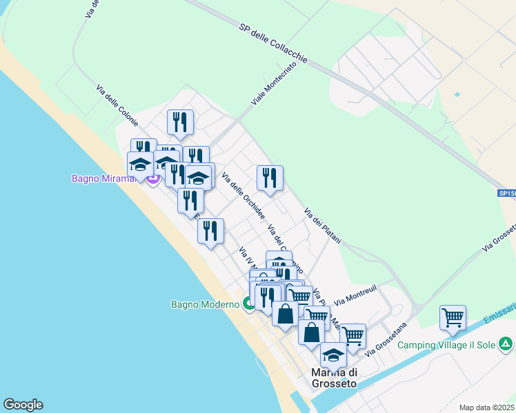 map of restaurants, bars, coffee shops, grocery stores, and more near 52 Via delle Orchidee in Marina di Grosseto