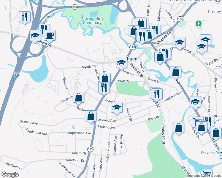 map of restaurants, bars, coffee shops, grocery stores, and more near 68 Washington Court in Methuen