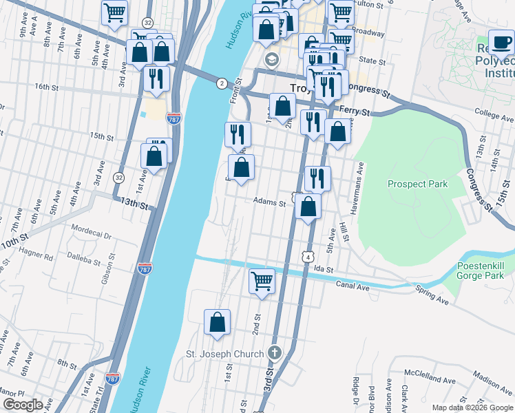 map of restaurants, bars, coffee shops, grocery stores, and more near 45 Adams Street in Troy