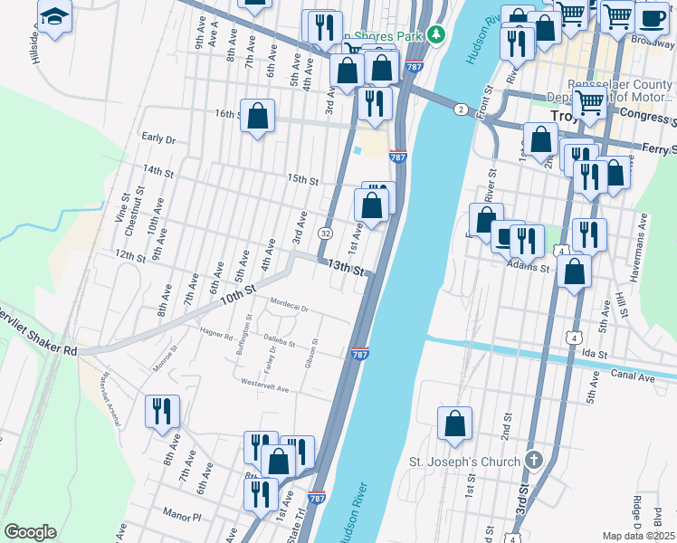 map of restaurants, bars, coffee shops, grocery stores, and more near 1 Russell Place in Watervliet