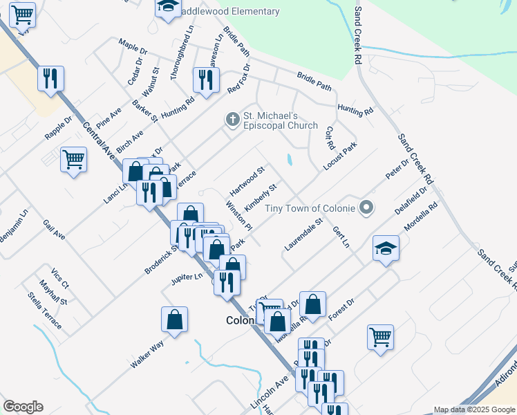 map of restaurants, bars, coffee shops, grocery stores, and more near 9 Kimberly Street in Colonie