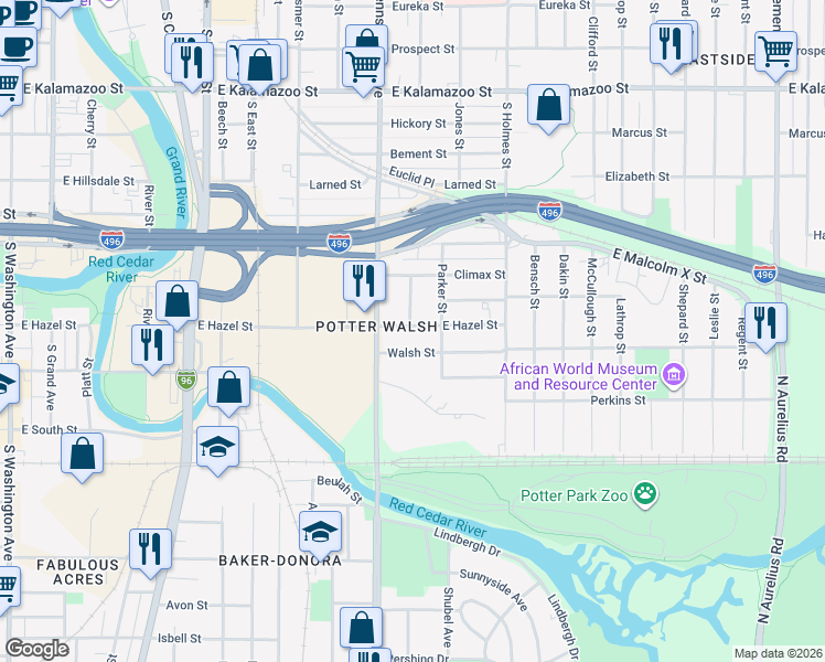 map of restaurants, bars, coffee shops, grocery stores, and more near 1022 East Hazel Street in Lansing