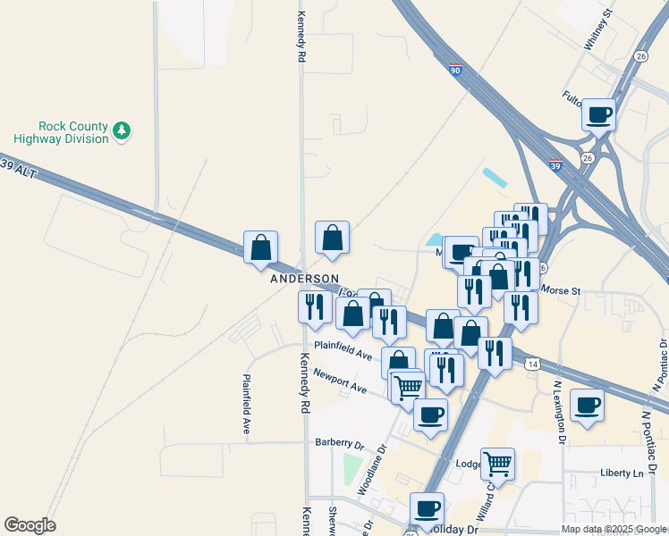 map of restaurants, bars, coffee shops, grocery stores, and more near 1706 Morse Street in Janesville