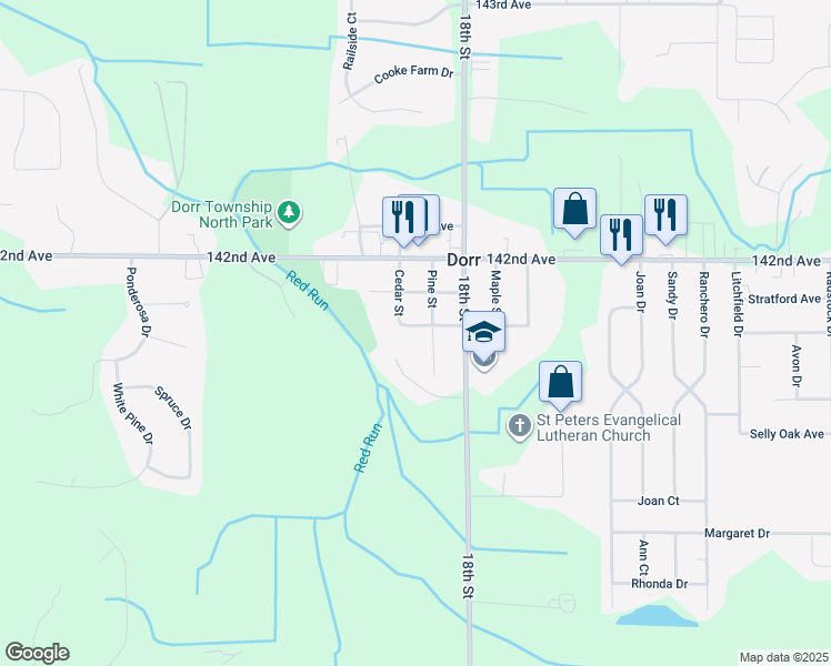 map of restaurants, bars, coffee shops, grocery stores, and more near 1820 Church Street in Dorr