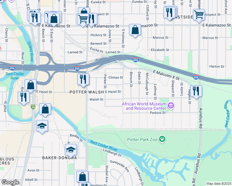 map of restaurants, bars, coffee shops, grocery stores, and more near 1236 East Hazel Street in Lansing