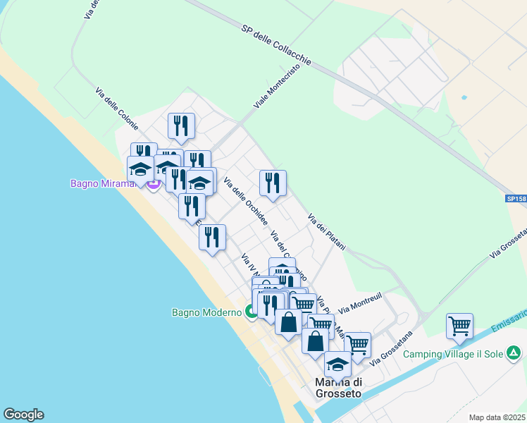 map of restaurants, bars, coffee shops, grocery stores, and more near 52 Via delle Orchidee in Marina di Grosseto