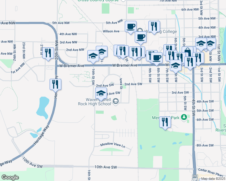 map of restaurants, bars, coffee shops, grocery stores, and more near 1304 3rd Avenue Southwest in Waverly