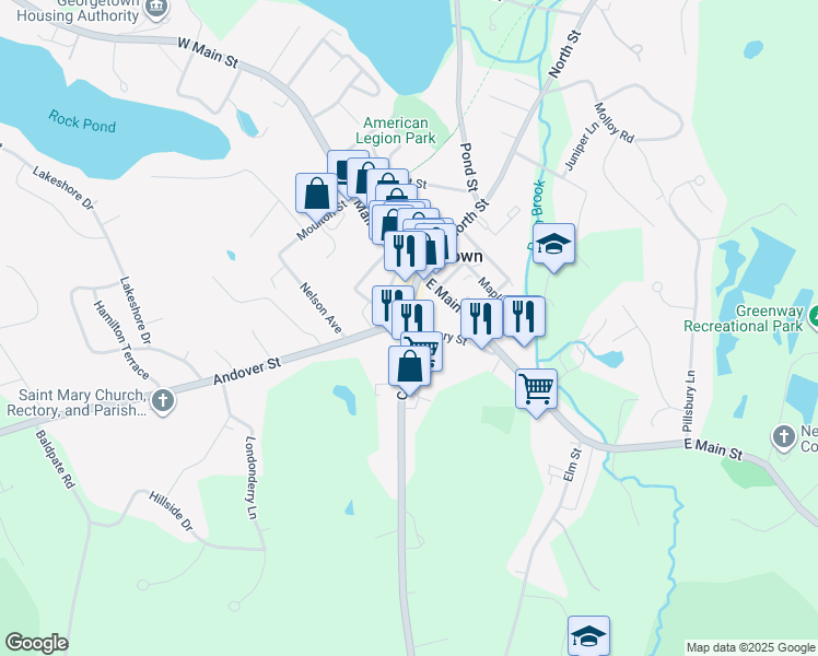 map of restaurants, bars, coffee shops, grocery stores, and more near 1 Library Street in Georgetown