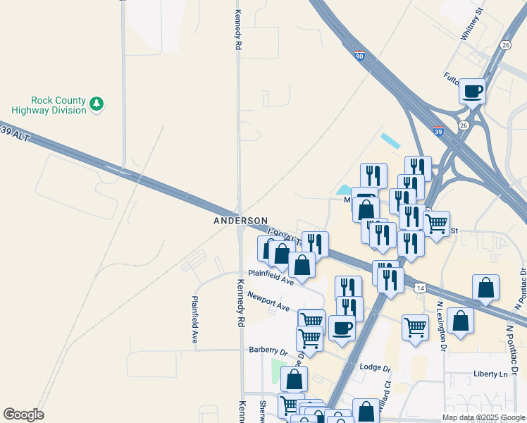 map of restaurants, bars, coffee shops, grocery stores, and more near 1706 Morse Street in Janesville
