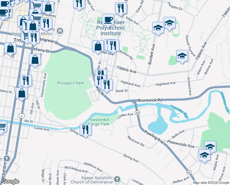 map of restaurants, bars, coffee shops, grocery stores, and more near 10 Prospect Avenue in Troy