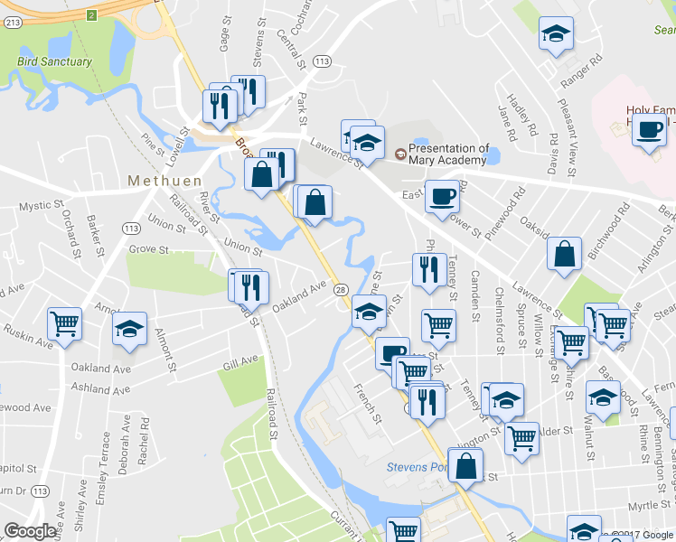 map of restaurants, bars, coffee shops, grocery stores, and more near 191 Broadway in Methuen