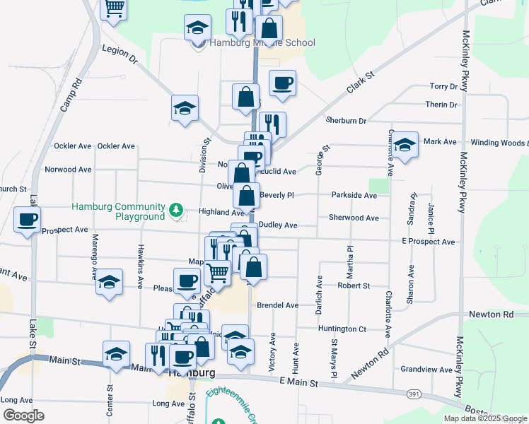 map of restaurants, bars, coffee shops, grocery stores, and more near 291 Buffalo Street in Hamburg