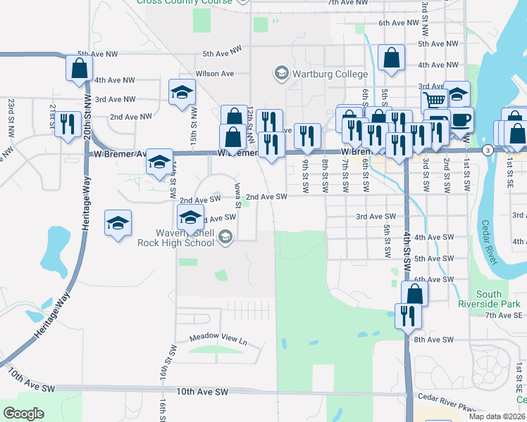 map of restaurants, bars, coffee shops, grocery stores, and more near 207 11th Street Northwest in Waverly