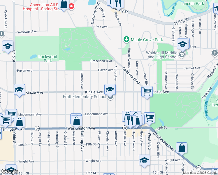 map of restaurants, bars, coffee shops, grocery stores, and more near 825 Cleveland Avenue in Racine