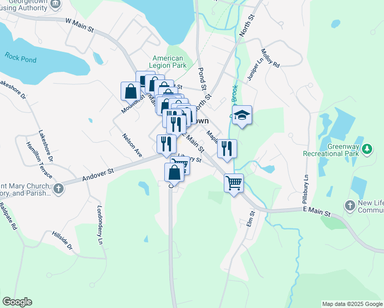 map of restaurants, bars, coffee shops, grocery stores, and more near 20 Library Street in Georgetown