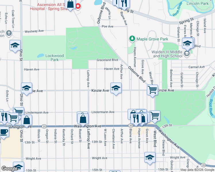 map of restaurants, bars, coffee shops, grocery stores, and more near 825 West Lawn Avenue in Racine