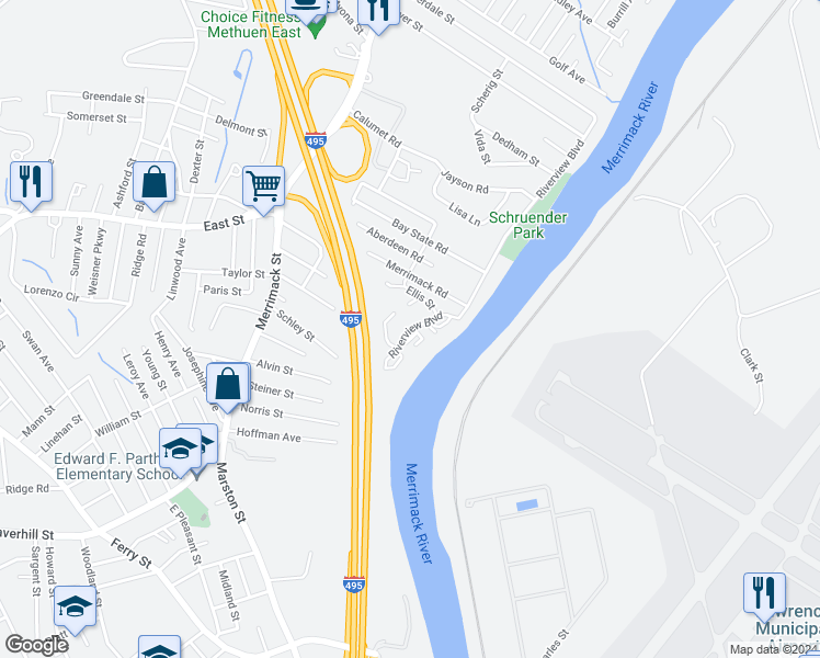 map of restaurants, bars, coffee shops, grocery stores, and more near 4 Riverview Boulevard in Methuen