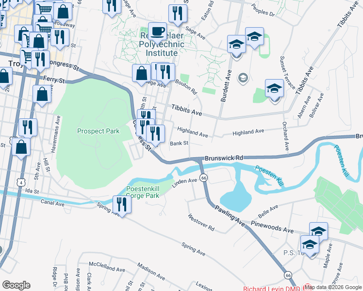 map of restaurants, bars, coffee shops, grocery stores, and more near 20 Bank Street in Troy