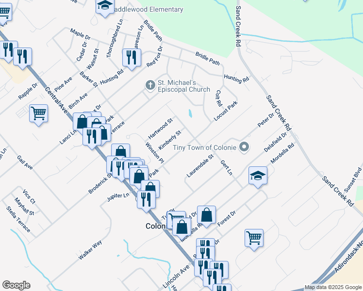map of restaurants, bars, coffee shops, grocery stores, and more near 54 Locust Park in Colonie