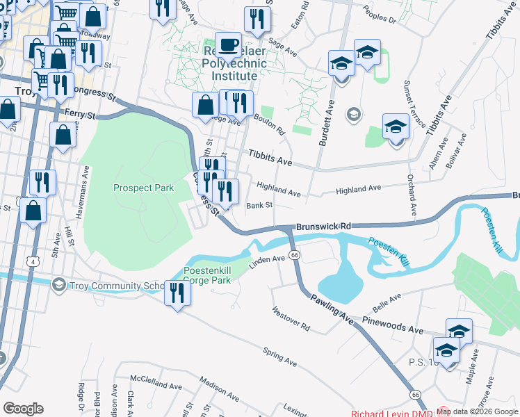 map of restaurants, bars, coffee shops, grocery stores, and more near 20 Bank Street in Troy